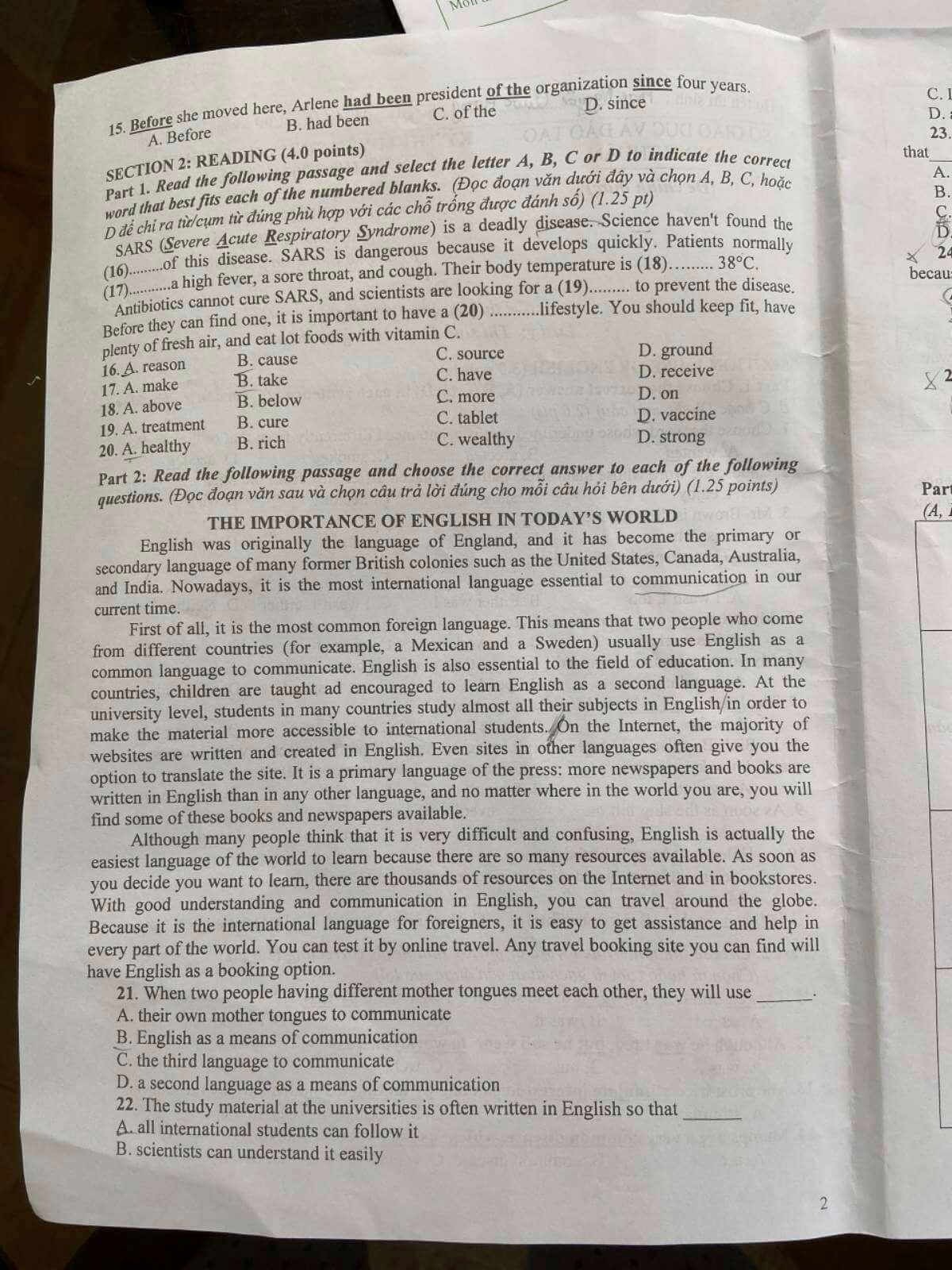 Đáp án đề thi vào lớp 10 môn tiếng Anh Ninh Thuận 2021