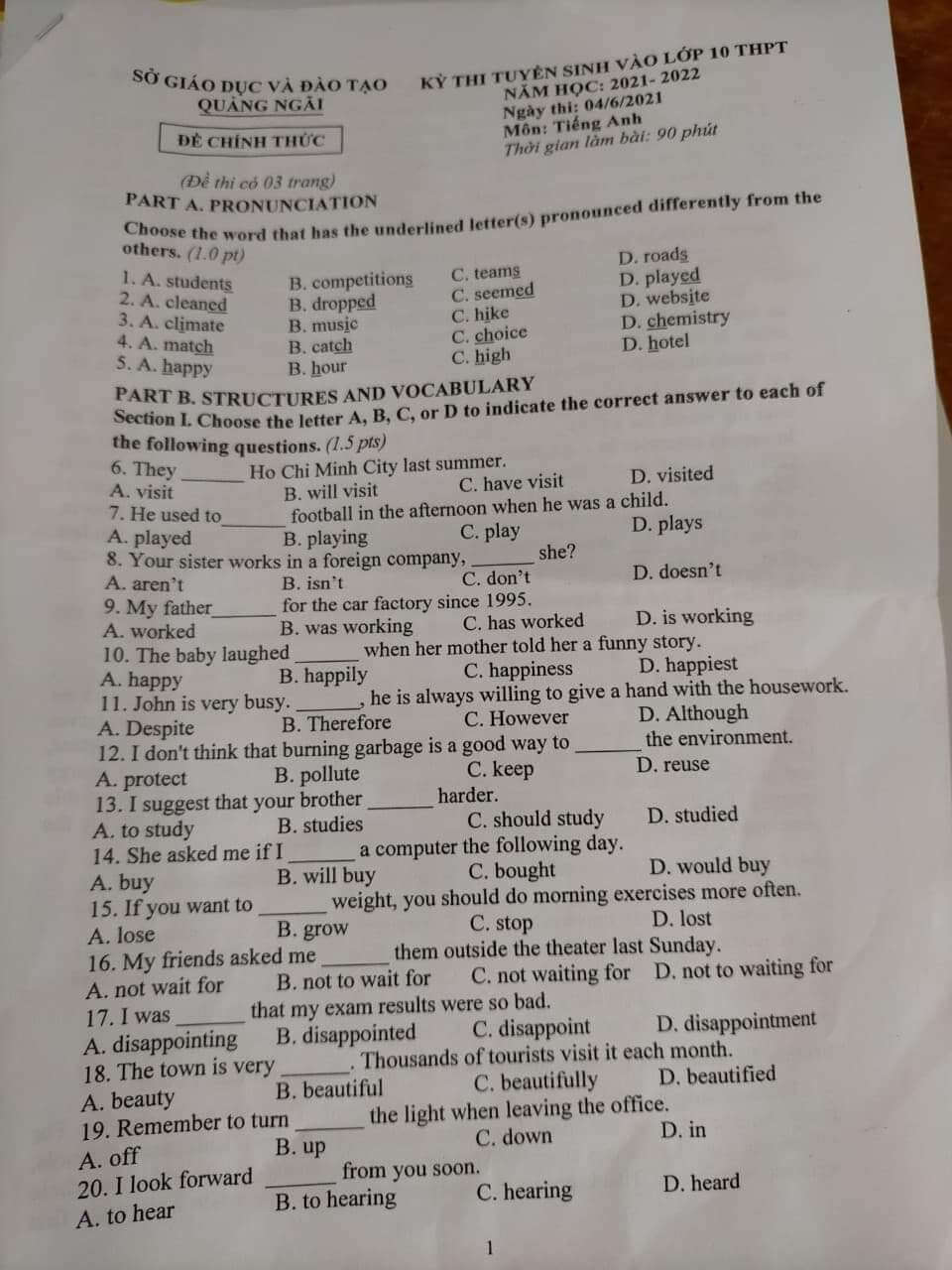 Đáp án đề thi vào lớp 10 môn tiếng Anh Quảng Ngãi 2021