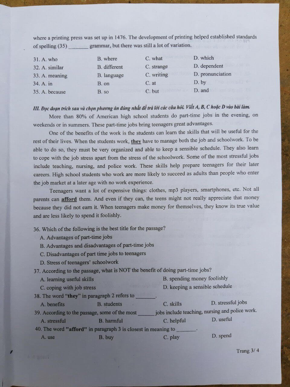 Đáp án đề thi vào lớp 10 môn tiếng Anh Thanh Hóa 2021