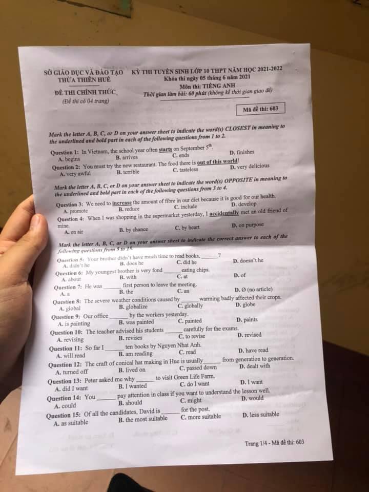 Đáp án đề thi vào lớp 10 môn tiếng Anh Thừa Thiên Huế 2021