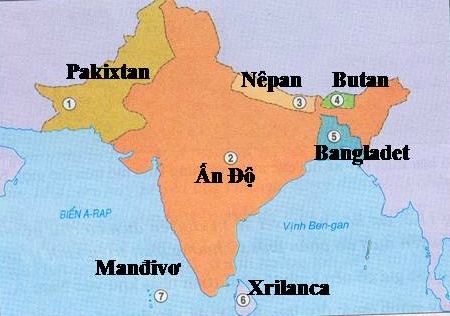 Em h&atilde;y ghi v&agrave;o vở t&ecirc;n c&aacute;c nước trong khu vực Nam &Aacute; lần lượt theo số k&iacute; hiệu tr&ecirc;n h&igrave;nh 11.5?