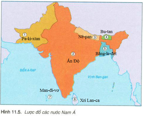 Em h&atilde;y ghi v&agrave;o vở t&ecirc;n c&aacute;c nước trong khu vực Nam &Aacute; lần lượt theo số k&iacute; hiệu tr&ecirc;n h&igrave;nh 11.5?
