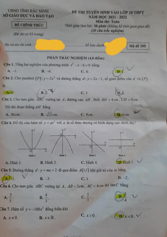 Đề thi tuyển sinh lớp 10 môn Toán Bắc Ninh 2021