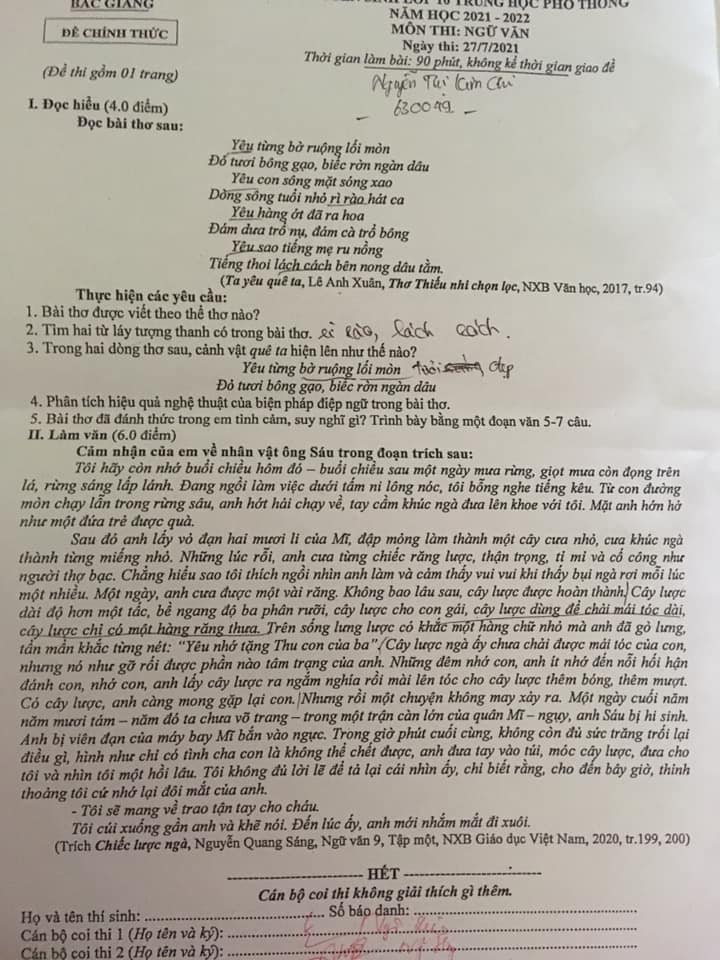Đề thi vào lớp 10 môn Văn tỉnh Bắc Giang năm 2021