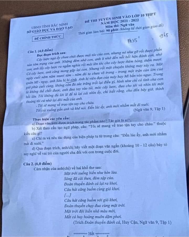 Đề thi vào lớp 10 môn Văn tỉnh Bắc Ninh năm 2021