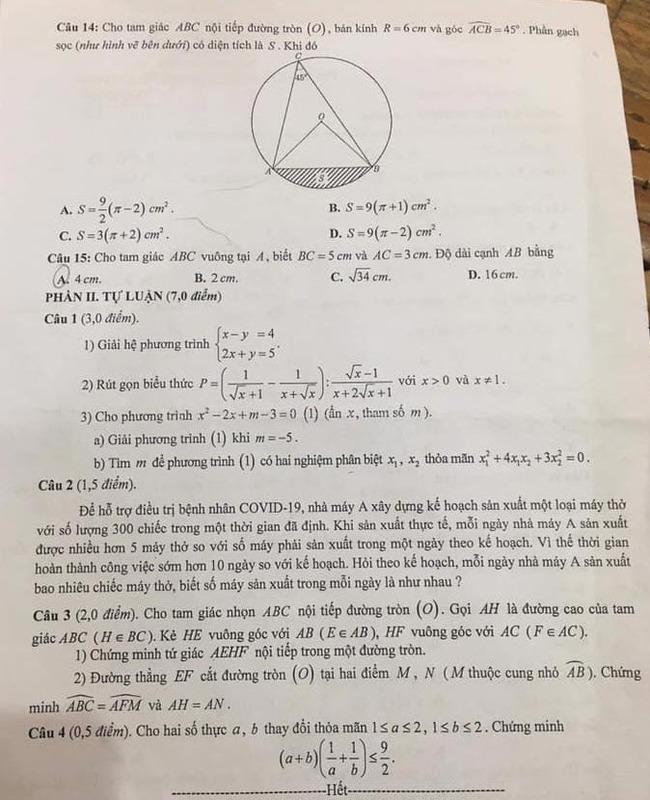 Đề thi tuyển sinh lớp 10 môn Toán Bắc Giang 2021