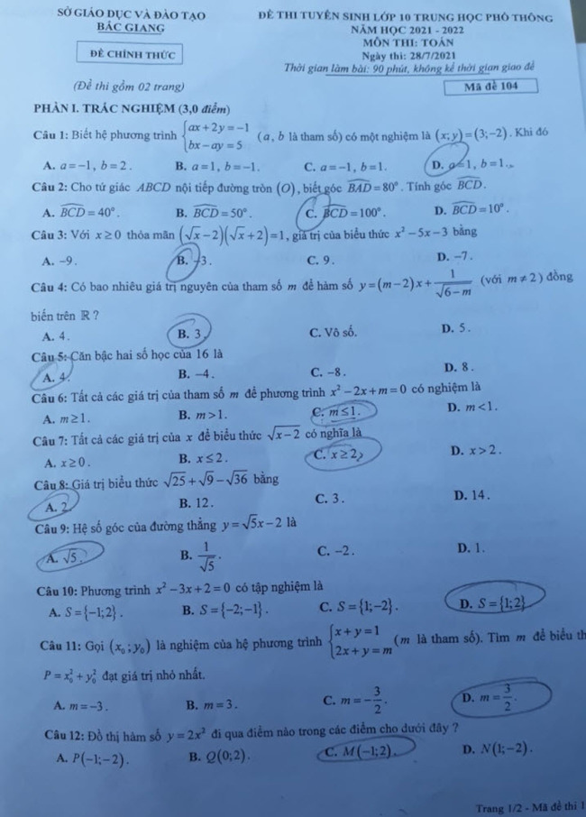 Đề thi tuyển sinh lớp 10 môn Toán Bắc Giang 2021