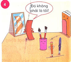 Kim trò chuyện với người bạn mới. Thước kẻ xin lỗi bút chì và bút mực.