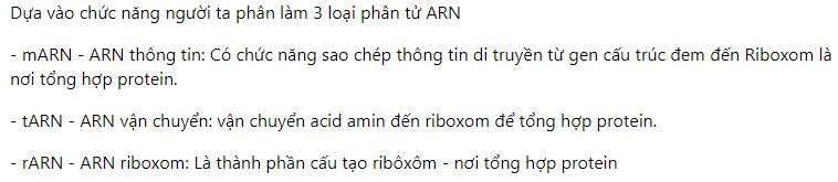 C&oacute; bao nhi&ecirc;u loại ph&acirc;n tử ARN v&agrave; người ta ph&acirc;n loại ch&uacute;ng theo ti&ecirc;u ch&iacute; n&agrave;o