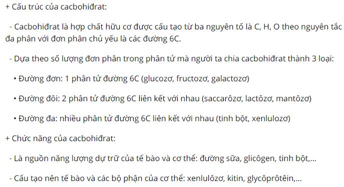 N&ecirc;u c&aacute;c cấu tr&uacute;c v&agrave; chức năng của c&aacute;c loại cacbohiđrat