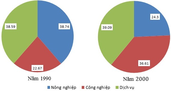 Dựa v&agrave;o bảng 22.1, h&atilde;y vẽ biểu đồ cơ cấu tổng sản phẩm trong nước của hai năm 1990 v&agrave; 2000 v&agrave; r&uacute;t ra nhận x&eacute;t