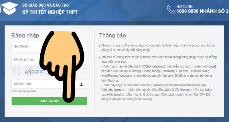 Nhập số CMND, Mã đăng nhập, Mã xác nhận và nhấn nút Đăng nhập Hướng dẫn điều chỉnh nguyện vọng trực tuyến 2021