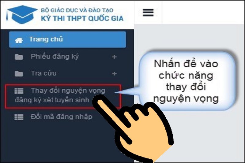 Chọn mục Thay đổi nguyện vọng đăng ký xét tuyển sinh Hướng dẫn điều chỉnh nguyện vọng trực tuyến 2021