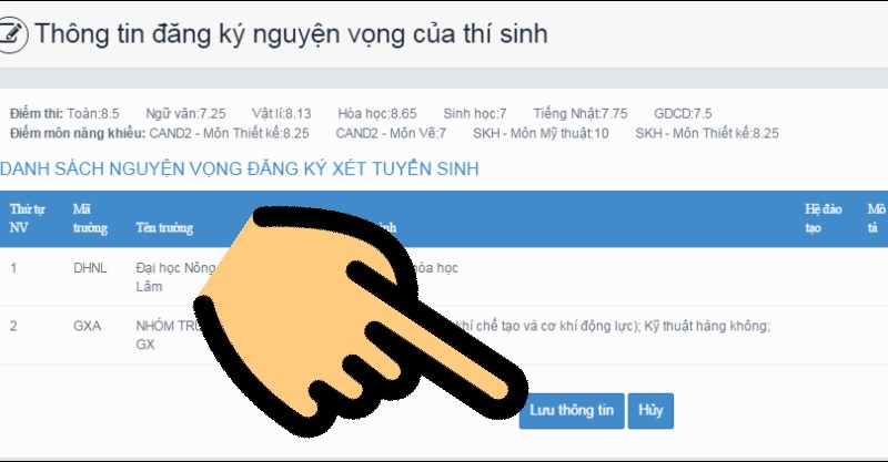 Nhấn nút Lưu thông tin Hướng dẫn điều chỉnh nguyện vọng trực tuyến 2021