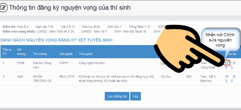 Nhấn nút Chỉnh sửa nguyện vọng Hướng dẫn điều chỉnh nguyện vọng trực tuyến 2021