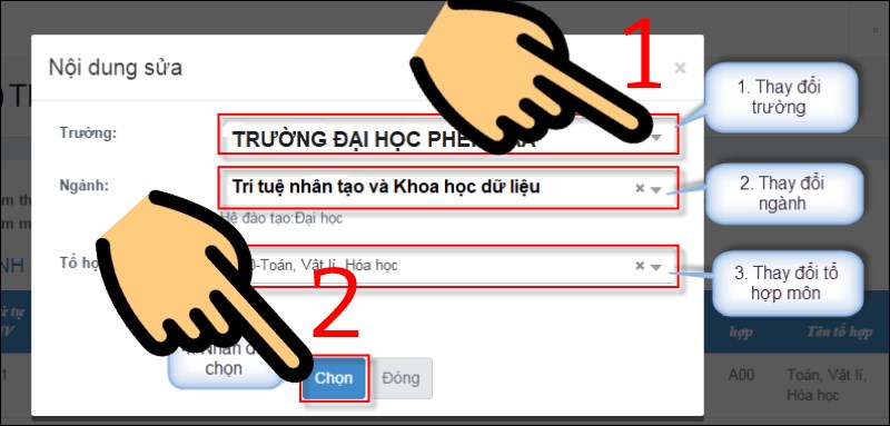 Nhấp vào dấu tam giác ngược, chọn trường, ngành, tổ hợp môn và bấm nút Chọn Hướng dẫn điều chỉnh nguyện vọng trực tuyến 2021