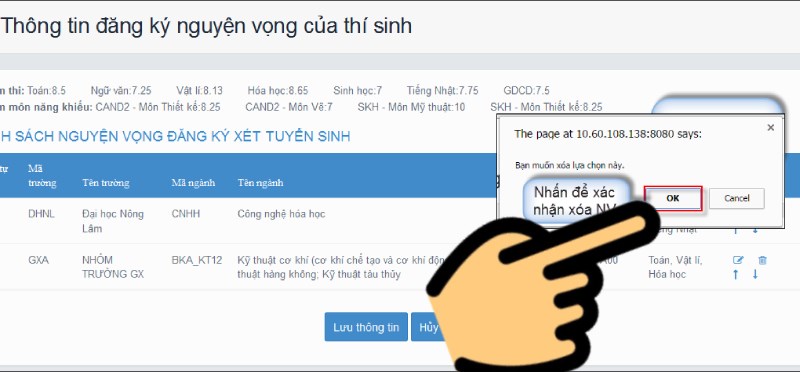 Nhấn nút OK Hướng dẫn điều chỉnh nguyện vọng trực tuyến 2021