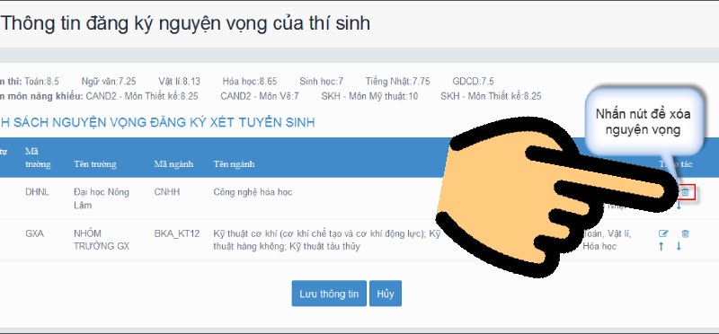 Nhấn nút Xóa Hướng dẫn điều chỉnh nguyện vọng trực tuyến 2021