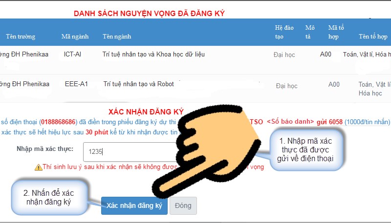 Nhập mã xác thực và bấm nút Xác nhận đăng ký Hướng dẫn điều chỉnh nguyện vọng trực tuyến 2021