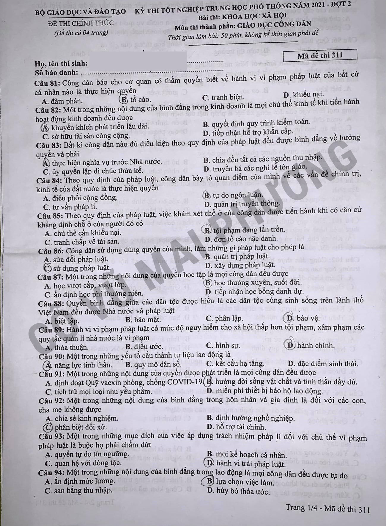 Đề thi THPT Quốc Gia 2021 môn Giáo dục công dân Đợt 2