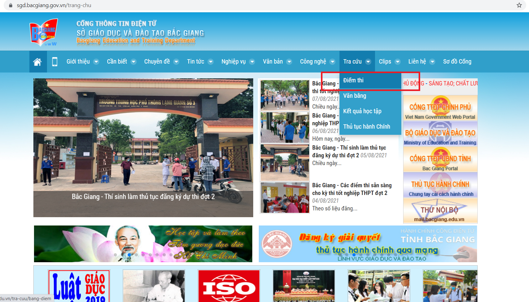 Tra cứu điểm thi tuyển sinh lớp 10 năm 2021 Bắc Giang