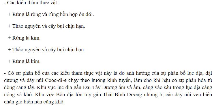 Ở lục địa Bắc Mĩ, theo vĩ tuyến 40 độ B từ đ&ocirc;ng sang t&acirc;y c&oacute; những kiểu thảm thực vật n&agrave;o?