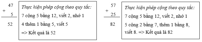 Phép cộng dạng 47 + 5 và 57 + 25