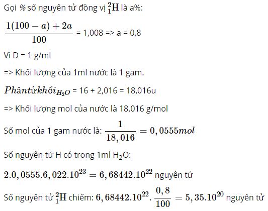 C&oacute; bao nhi&ecirc;u nguy&ecirc;n tử của đồng vị H trong 1ml nước