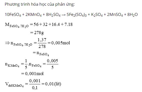 T&iacute;nh thể t&iacute;ch dung dịch KMnO4 tham gia phản ứng