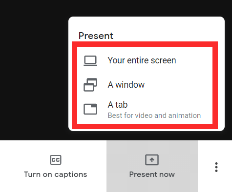 Tùy chọn chia sẻ màn hình trên Google Meet