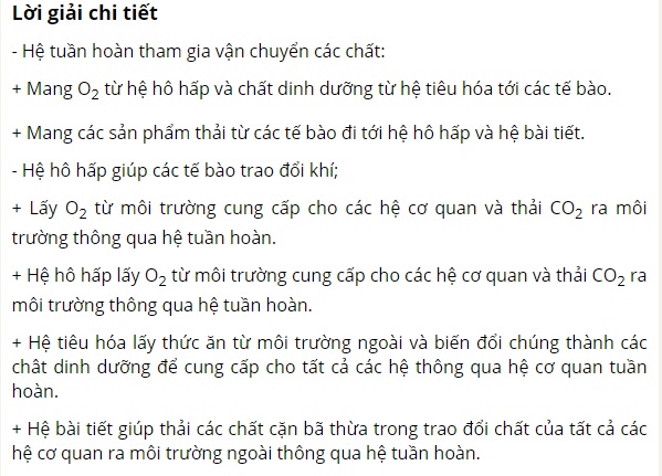 C&aacute;c hệ tuần ho&agrave;n, h&ocirc; hấp, ti&ecirc;u h&oacute;a đ&atilde; tham gia v&agrave;o hoạt động trao đổi chất v&agrave; chuyển h&oacute;a như thế n&agrave;o?
