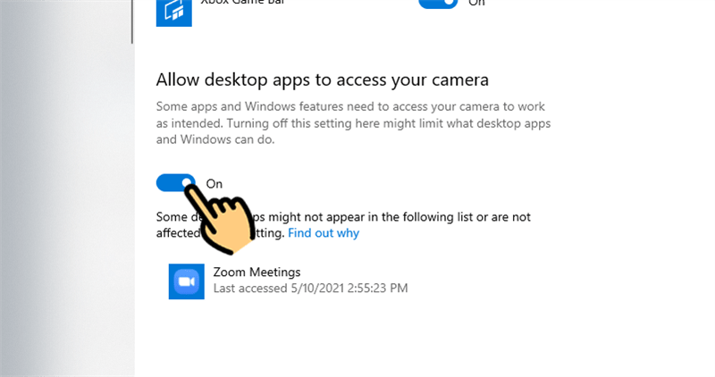 Gạt thanh trượt sang bên phải tại ô On Cách bật, mở Camera trên Zoom