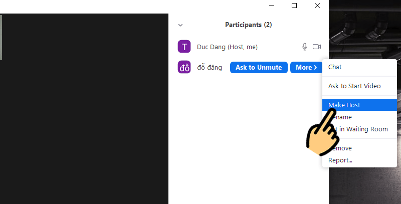 Chọn Make Host Cách đổi Host lớp học trực tuyến trên Zoom