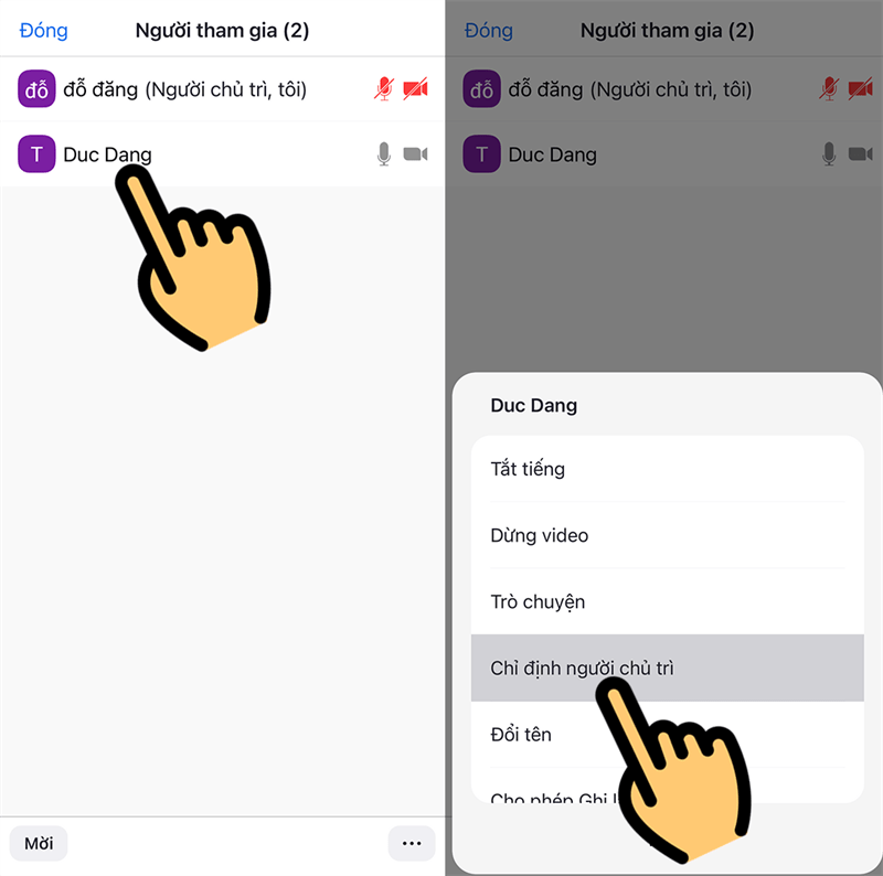 Click chọn người muốn chuyển Host lớp học trên Zoom Cách đổi Host lớp học trực tuyến trên Zoom