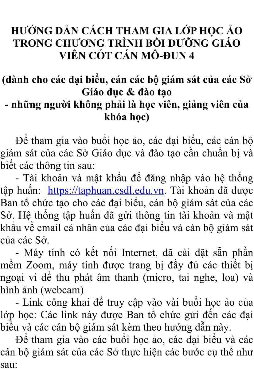 Hướng dẫn dành cho giáo viên cốt cán tham gia phòng học ảo mô đun 4