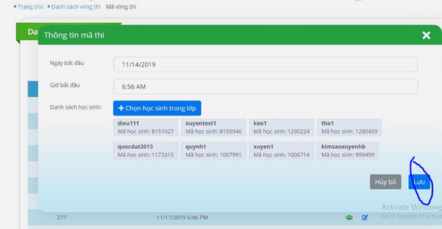 Lưu thông tin mã thi cho học sinh