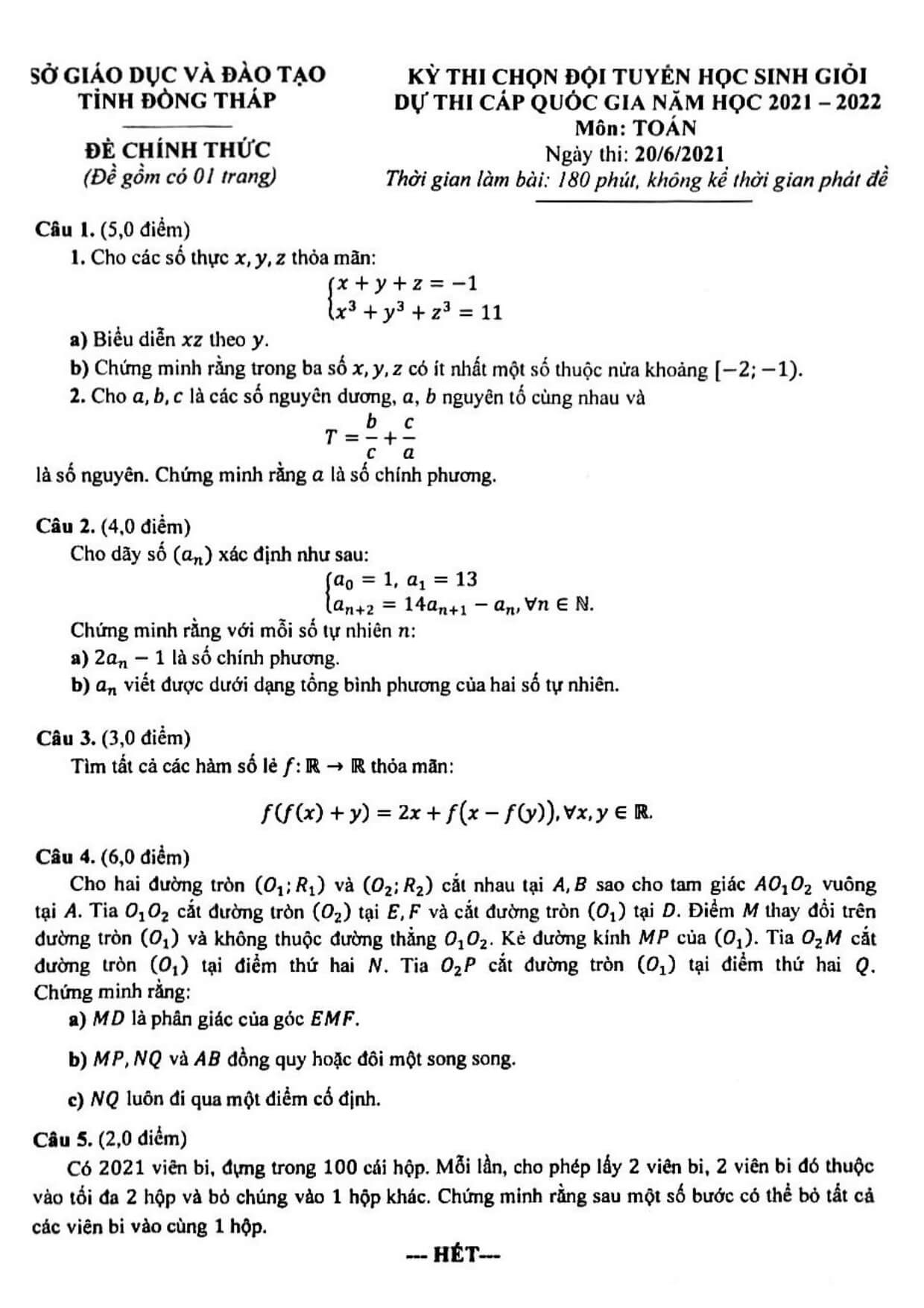 Đề thi chọn học sinh giỏi lớp 12 môn Toán