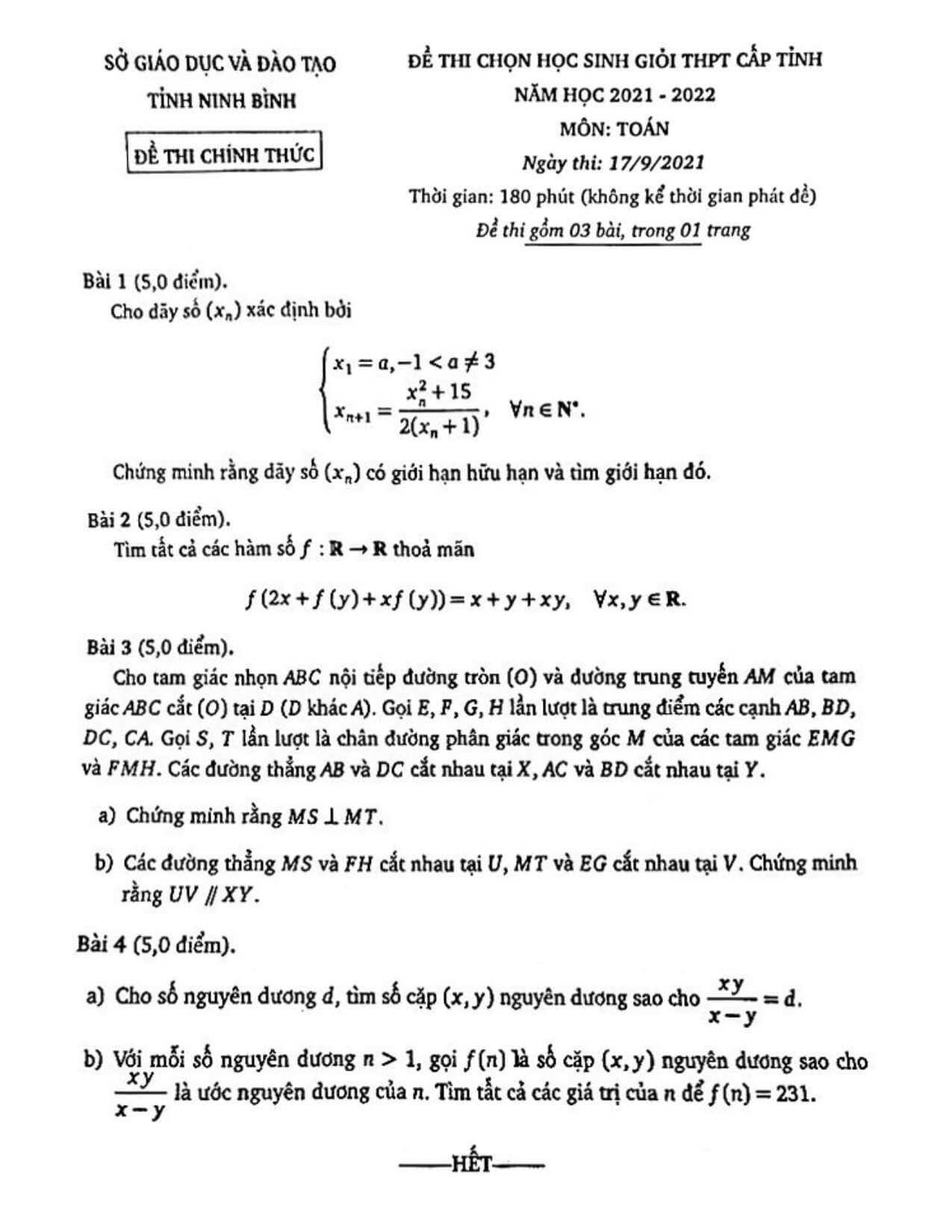 Đề thi HSG cấp tỉnh Toán THPT