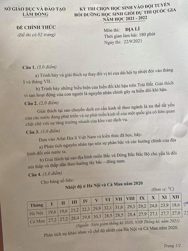 Đề thi chọn học sinh giỏi lớp 12 môn Địa lí