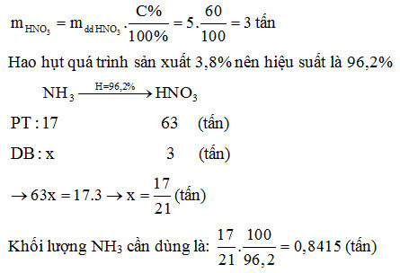 Để điều chế 5,000 tấn axit nitric nồng độ 60,0 % cần d&ugrave;ng bao nhi&ecirc;u tấn amoniac?