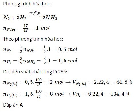 Phải d&ugrave;ng bao nhi&ecirc;u l&iacute;t kh&iacute; nitơ v&agrave; bao nhi&ecirc;u l&iacute;t kh&iacute; hiđro để điều chế 17,0 gam NH3?
