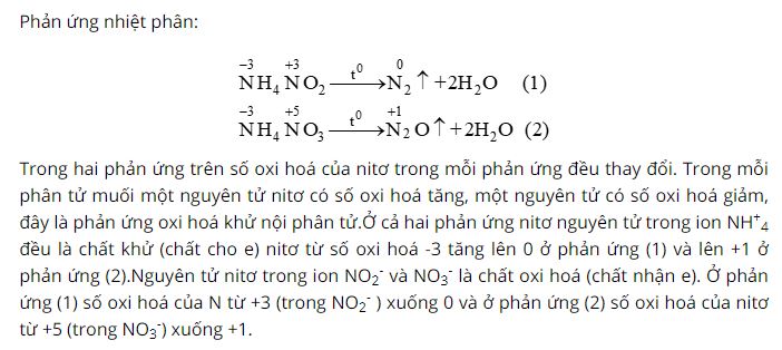 Trong phản ứng nhiệt ph&acirc;n c&aacute;c muối NH4NO2 v&agrave; NH4NO3, số oxi h&oacute;a của nitơ biến đổi như n&agrave;o?