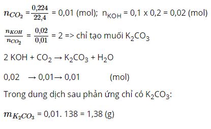 Cho 224,0 ml CO2 hấp thụ hết trong 100,0ml dung dịch kali hidroxit 0,200 M. T&iacute;nh khối lượng c&aacute;c chất