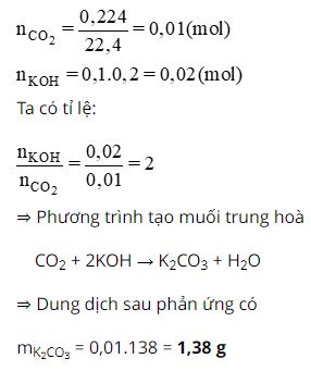 Cho 224,0 ml CO2 hấp thụ hết trong 100,0ml dung dịch kali hidroxit 0,200 M. T&iacute;nh khối lượng c&aacute;c chất
