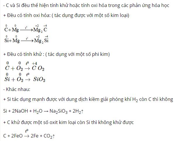 N&ecirc;u những t&iacute;nh chất h&oacute;a học giống v&agrave; kh&aacute;c nhau giữa silic v&agrave; cacbon