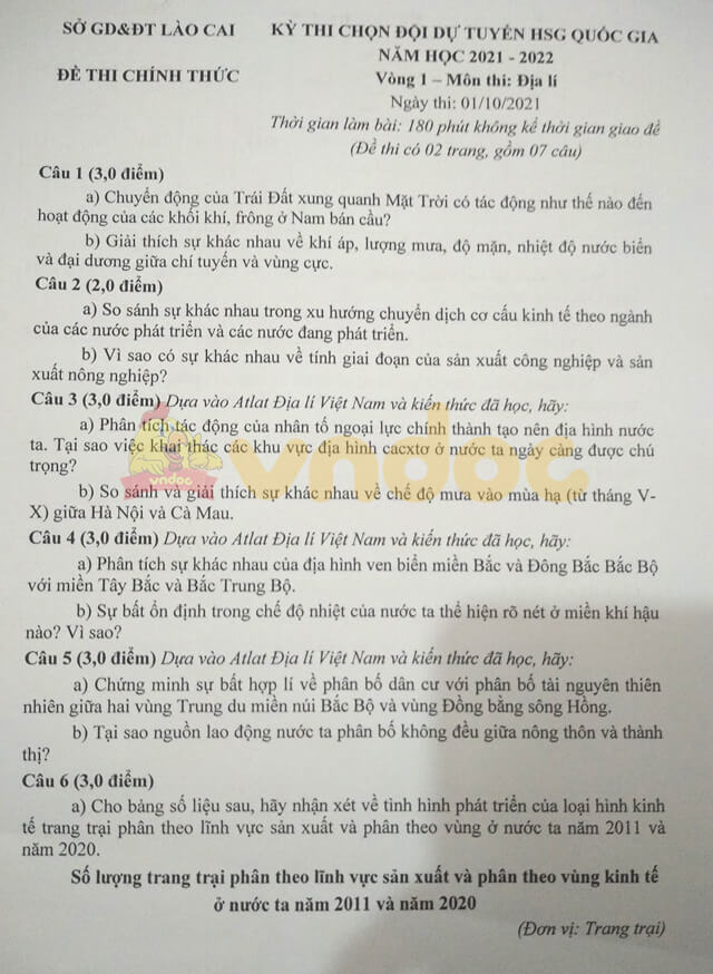 Đề thi chọn học sinh giỏi lớp 12 môn Địa lí