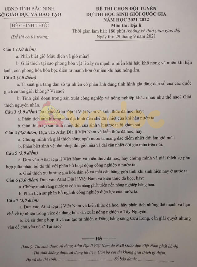 Đề thi chọn học sinh giỏi lớp 12 môn Địa lí