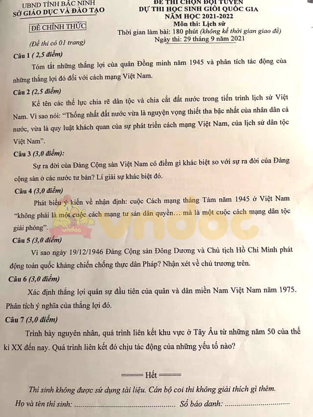 Đề thi chọn học sinh giỏi lớp 12 môn Lịch sử