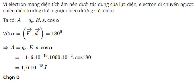 C&ocirc;ng của lực điện c&oacute; gi&aacute; trị n&agrave;o sau đ&acirc;y?