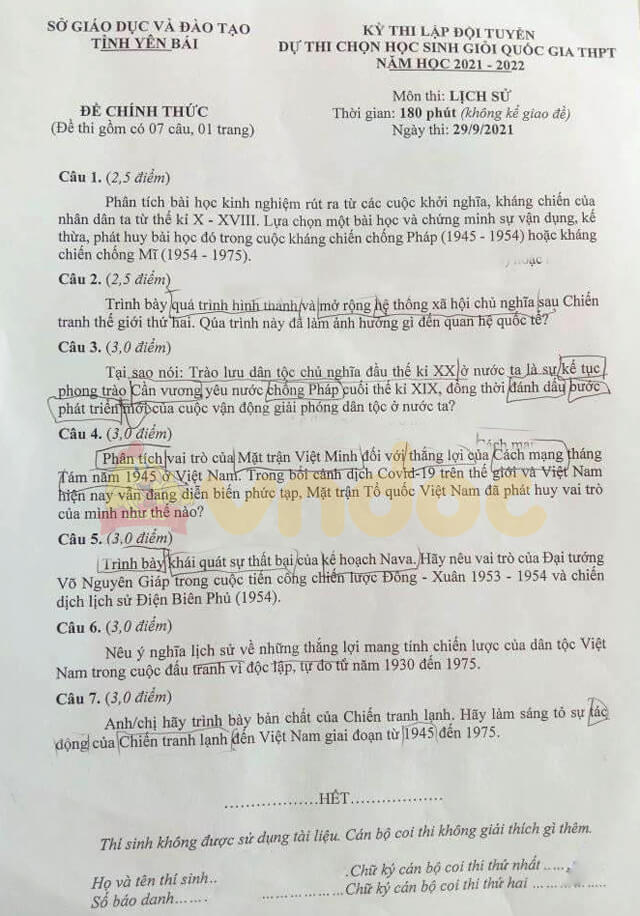 Đề thi chọn học sinh giỏi lớp 12 môn Lịch sử